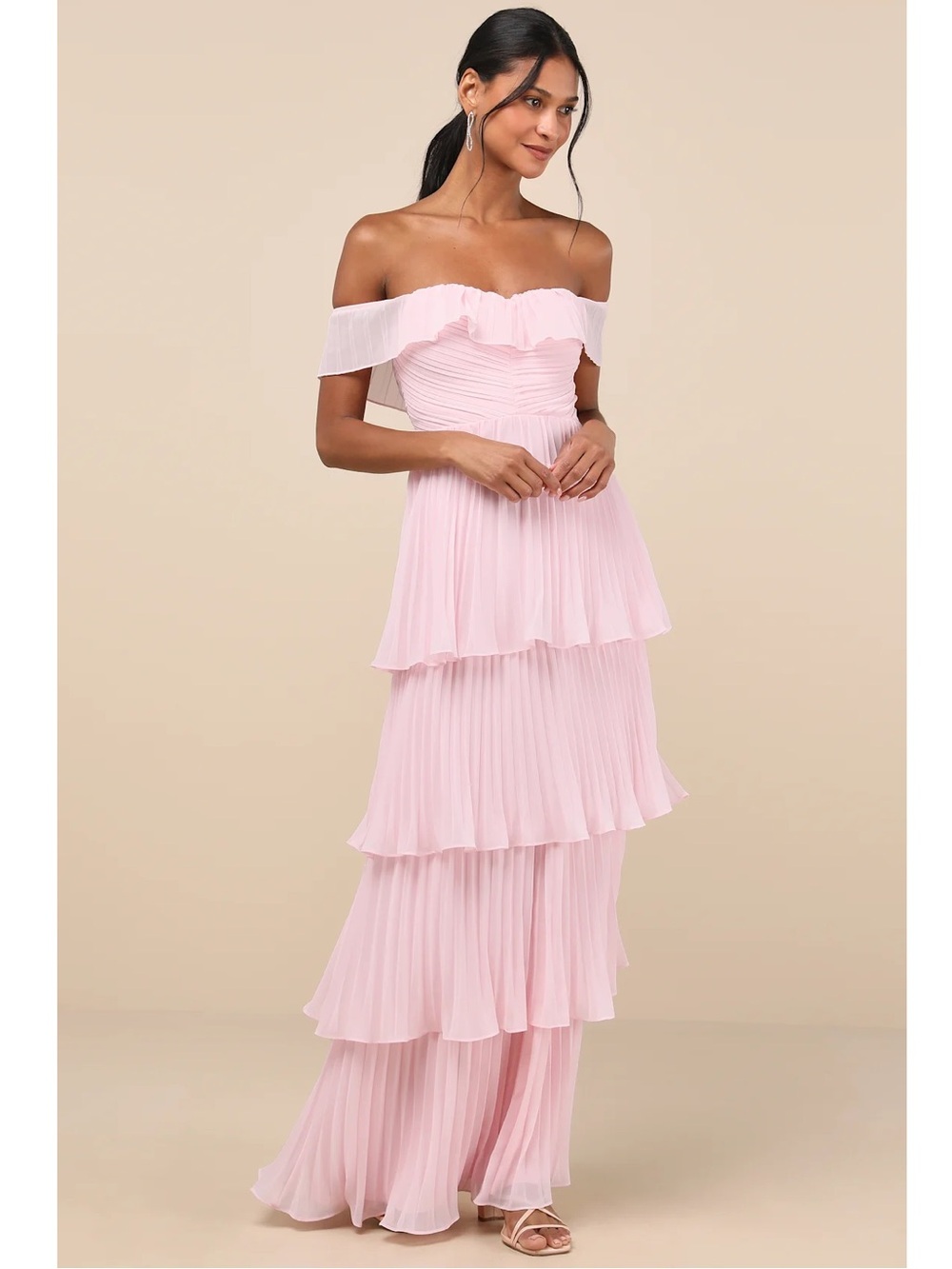 NWT Lulu’s Always Remarkable Pink Pleated Off-the-Shoulder Maxi Dress Large Chic